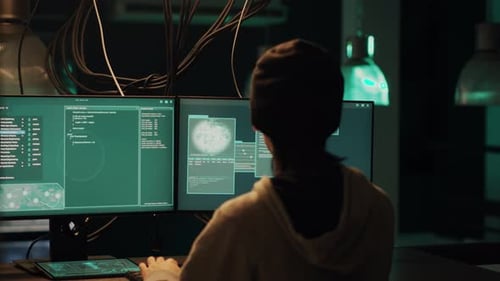 Skilled Male Hacker Exploiting System Vulnerability and Breaking Into Firewall Encryption