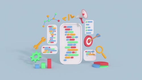 Marketing
de desenvolvimento web e otimização de SEO. Animação de renderização 3D em estilo minimalista de desenho animado