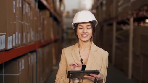 Woman Inspecting Inventory with Tablet in Warehouse