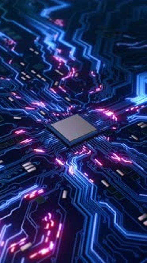 High Tech Processor on Blue PCB Processor Seated PCB Signal Paths Components Depth Motion