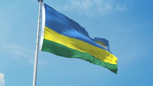 Realistic Rwanda Flag Waving in Wind Against Blue Sky Loop