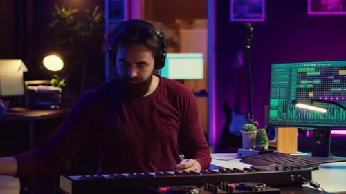 Artist Composing a Song on Electronic Piano Keyboard at Home Recording Studio
