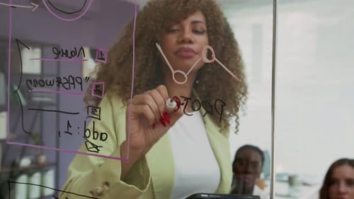 Woman Writing on Glass Board in Office Meeting
