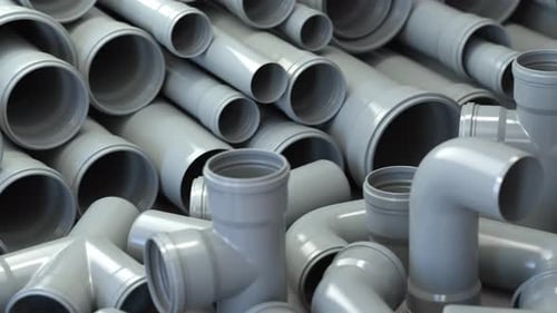 PVC plastic pipes and tubes for sewage systems in warehouse. 3d video animation