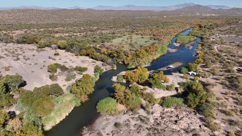 Aerial view of serene recreation site and river, United States.