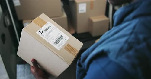 Boxes, barcode and deliveryman with scanner for package information with logistics transportation