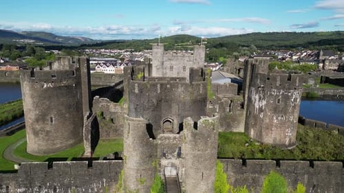 Drone shot of Caerphilly Castle (Welsh: Castell Caerffili) in Wales, UK