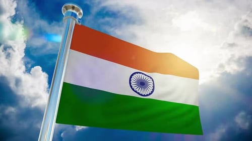 Realistic Indian Flag Waving Seamlessly on Pole with Sunny Clouds