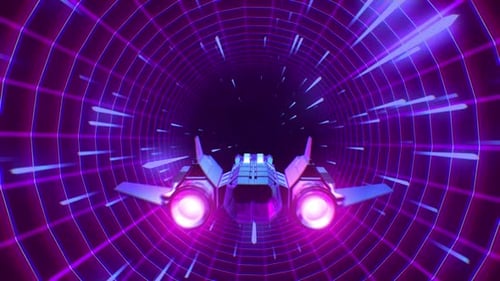 Futuristic Spaceship Flying Through Glowing Grid Tunnel