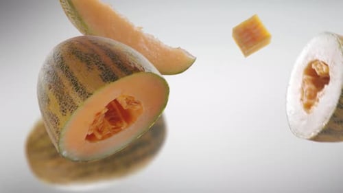 Floating Fresh Cantaloupe Halves and Pieces