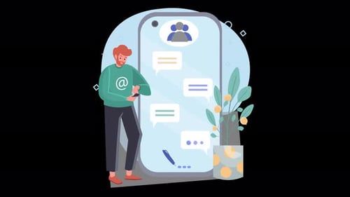 Animated Person Using Smartphone for Digital Messaging and Communication