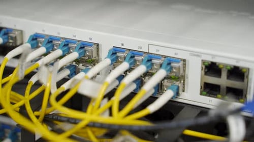 Optical Server and Router of the Data Center Server Room Network Equipment Blinking with Lights on