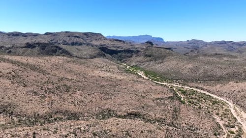 Aerial view of desert landscape with mountains, United States.