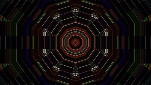 abstrakte Linien, buntes Licht, glänzende runde Form in der Mitte, schwarzer Hintergrund