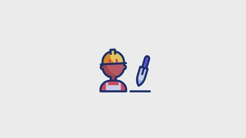 Animated Worker Icon with Shovel in Flat Design Style