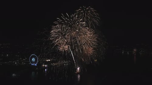 Real fireworks display in black sky with multicolor and different pattern or styles along river