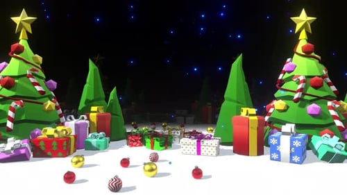 Animated Geometric Christmas Scene with Presents and Trees