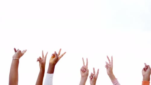 Hands of Multiethnic People Gesturing Victory