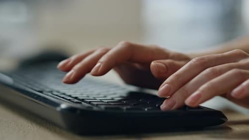 Manager Hands Typing Desktop Keyboard Closeup Journalist Woman Writing Article