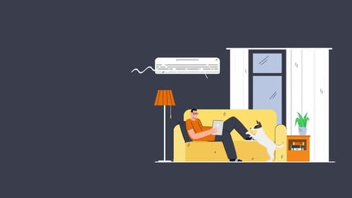 Flat Design Animation of Man with Dog on Couch Using Tablet
