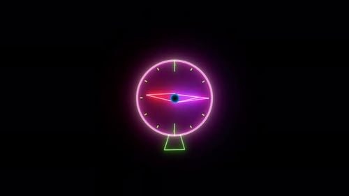 digital analog glowing round clock animation on 24 hours time always rotating on black background