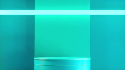 Blaues 3D-Render-Podium mit Zylinderständer und gelber Neonlichtanimation