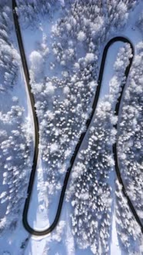 Aerial View of Winding Winter Road Through Snowy Forest
