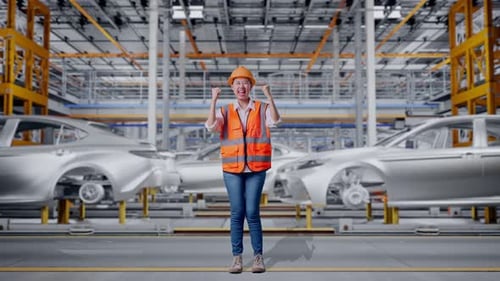 Corps entier d'une ingénieure asiatique criant un objectif célébrant son travail dans une usine automobile