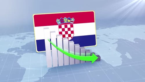 Croatia Flag With Decrease Bar Chart Graph And Arrow Green
