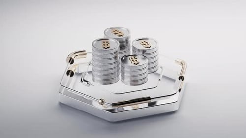3D Metallic Coins Stacking in Hexagonal Financial Animation