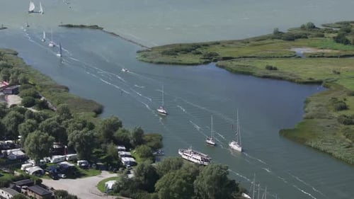 Aerial view of campsite with camper vans and caravans, Friesland, Netherlands