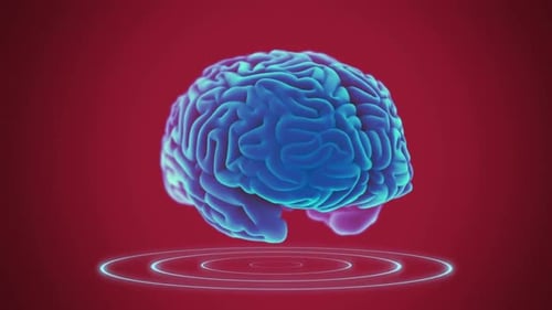 Cerveau bleu lumineux 3D avec ondes radar sur fond rouge