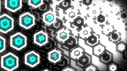 Abstract Geometric Pattern with Hexagons in White, Black and Cyan Colors, Technology Background