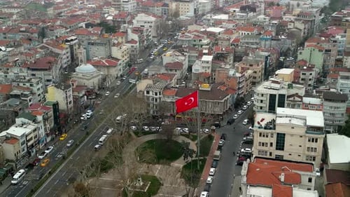 Turkish flag near the Fatih Memorial Park in Istanbul zooming and rotate shot
