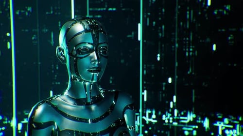 Futuristic Robot Android with Glowing Digital Background Loop