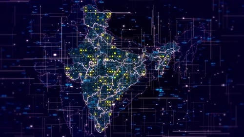 Digital India Map with Tech Network Connections and Data Flow