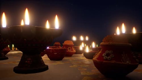 Diwali Celebration With Glowing Candles And Colorful Lights