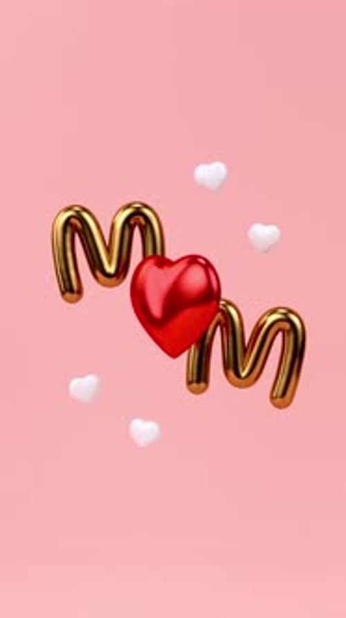 Shiny 3D Gold Mom Letters and Red Heart Vertical Animation
