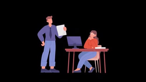 Animated Flat Design Illustration of Office Workers Discussing Work