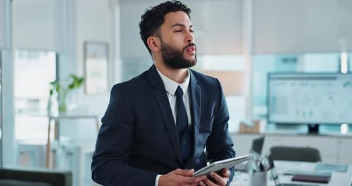 Business man, tablet and thinking in office for networking, planning and company website