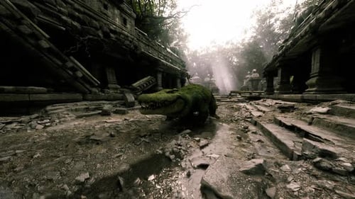 Crocodile reposant dans d'anciennes ruines entourées de verdure naturelle