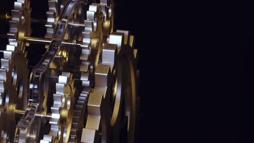 Rotating Gears Meshing in Clockwork Mechanism Close-up