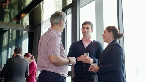 Group caucasian business team discussion at conference in office after break.