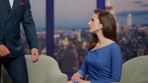 Woman Presenter Inviting Guest to Friendly Conversation on Tv Show Close Up