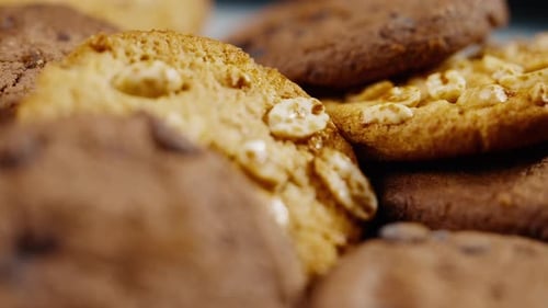 Close Up on Black and Blue Background Flat Plate with Cookie Cookies Lying Chaotically on the Table