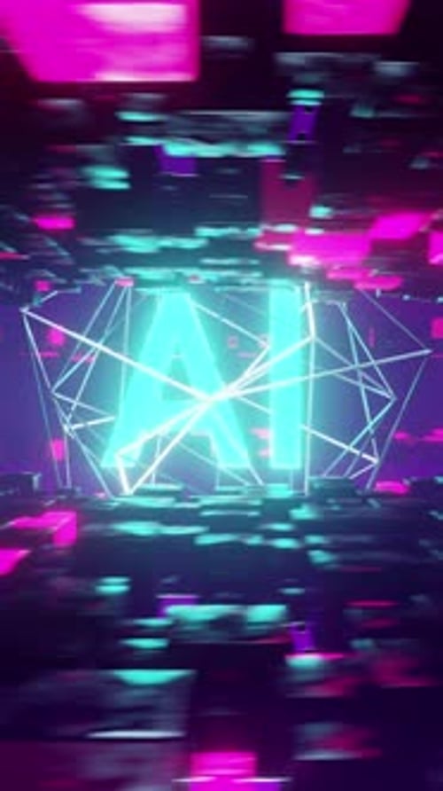 Glowing AI Text in Futuristic Cybernetic Grid Background