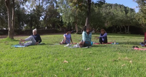 Multiracial senior people enjoying yoga and stretching exercises in a sunny city park