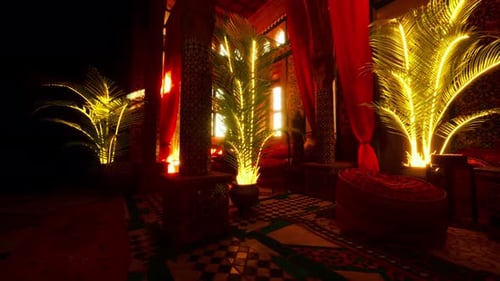 Exotic Moroccan Interior with Warm Lights and Glowing Palms