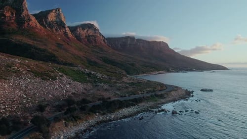 Scenic Drive Of Victoria Road With 12 Apostles And Table Mountain National Park In Cape Town, South