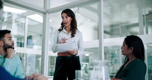 Business woman, meeting and presentation with documents for company proposal